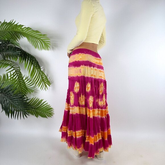 Vintage Y2K Pink Tie Dye Boho Fairycore Low Rise Beachy Hippie Maxi Skirt / L - Picture 2 of 9